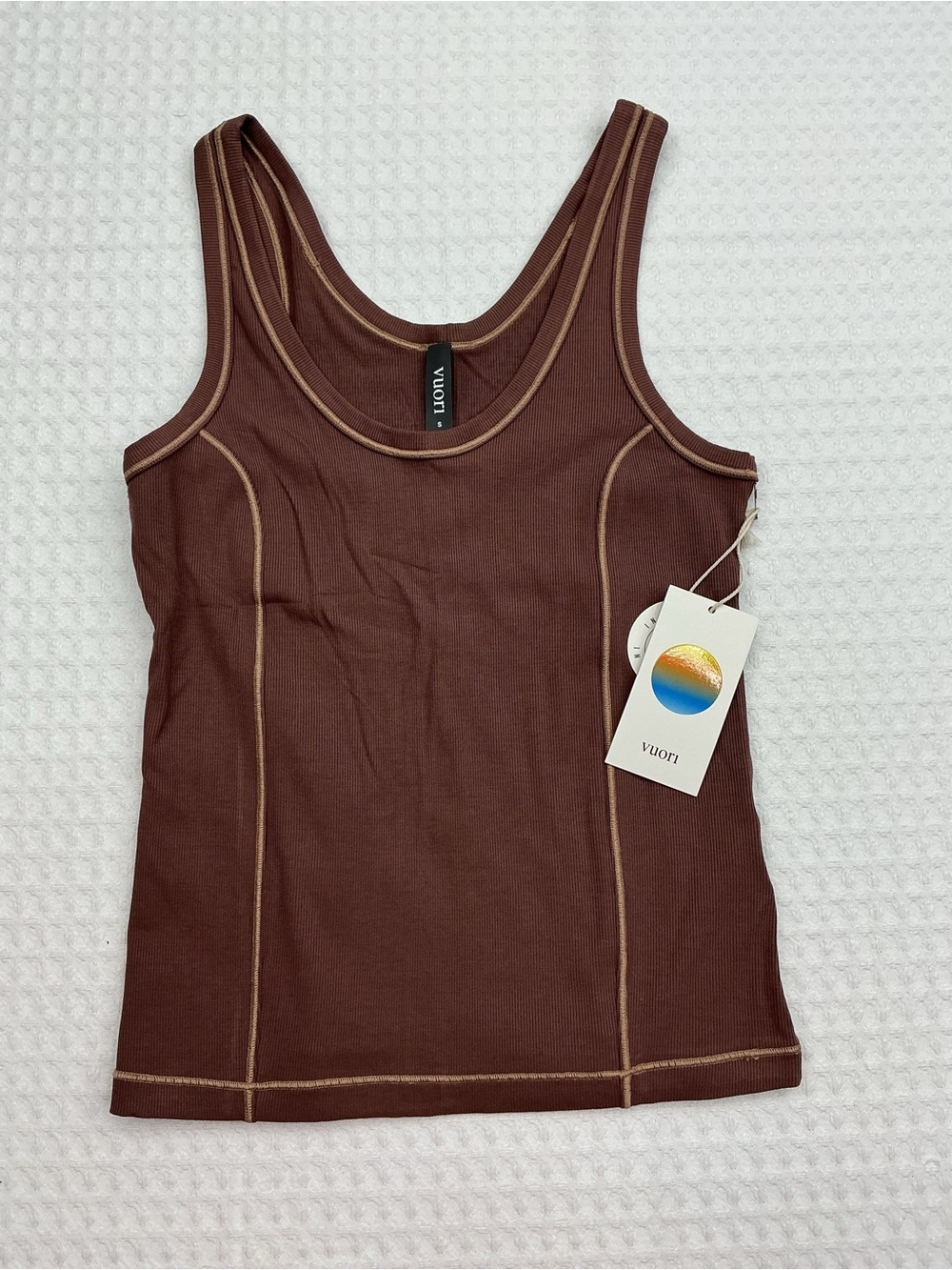 Vuori Chocolate Brown Ribbed Tank with Tan Contrast Stitching